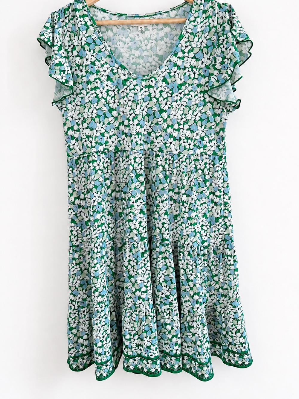 MAX STUDIO Green Floral Flutter Sleeve Tiered Dress Medium